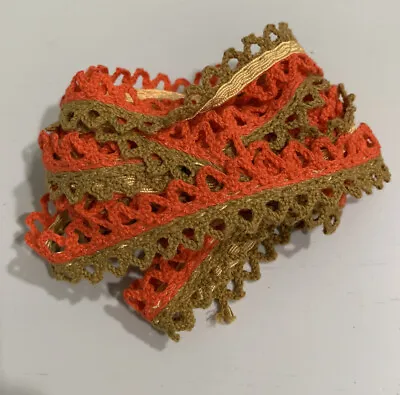 3.75 Yds Cotton Crocheted Trim Edging Orange Olive Green Craft Sewing 1970s VTG • $7.50