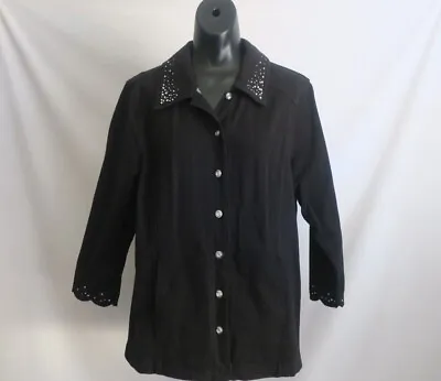 Quacker Factory Jacket Dream Jeannes M Black Embellished Stretch 3/4 Sleeve Nice • $10