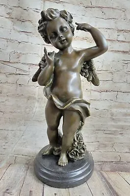 Rare Bronze Cupid Cherub Signed Statue Marble Base Eros Moreau Fast Shipping • $124.50