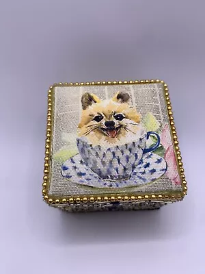 Pomeranian Dog Painted Beaded Trinket  Box Wooden Inside • $15