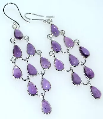 Amethyst Chandelier Earrings 3  Long Drop Sterling SILVER Genuine Gemstones NEW • £39.99