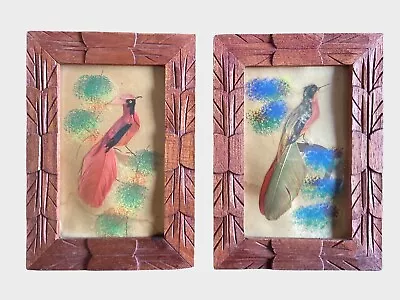 Pair Feather Folk Art Vtg Bird Pictures Genuine Mexico Hand Carved Frames • $12