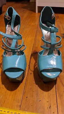 Sexy 8 Turquoise Strappy Sandal Platform Clear Block  Heel Qupid Exotic Dancer • $60.20
