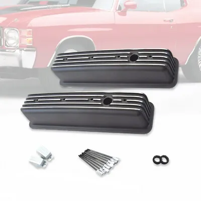 Black Tall Aluminum Finned Center Bolt Vortec Valve Covers Fit Chevy 350 383 • $115.88