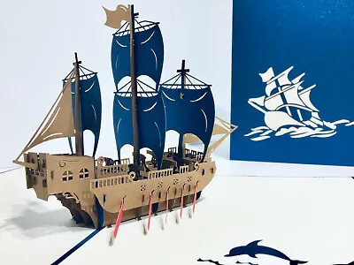 ORIGAMI POP CARDS Blue Viking Ship Boat Love Pop Up Greeting Card Happy Birthday • $15.41