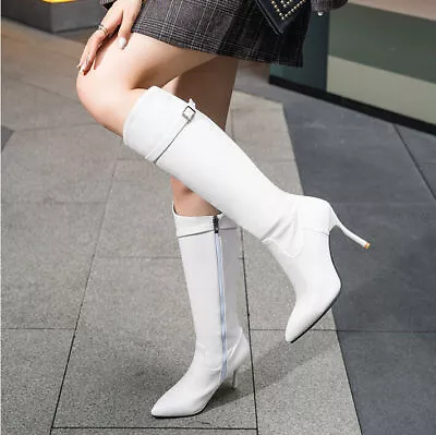 Womens High Heels Gothic Buckle Riding Boots Pointed Toe Prty Knee High Boots Sz • $62.80