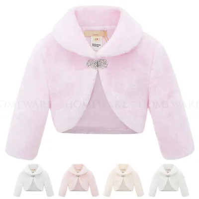Girls Bolero Faux Fur Shrug White Pink Diamanté Clasp Kids Ages 6M To 14 Years • £19.99