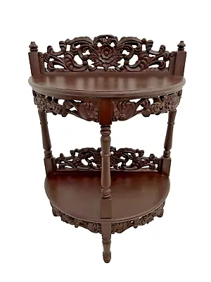 Vintage Demilune Console Table With Bottom Shelf  Floral Carved Fret Work • $666.65