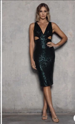 Elle Zeitoune Sz 8 Emerald Green Sequin Midi Evening Formal Party Dress Bnwt • $120