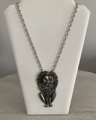 Vintage Silver Tone Riticulated Hinged Lion Pendant Necklace Chain 1970’s • $15
