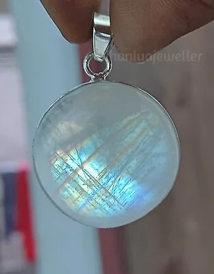 Large Rainbow Moonstone Pendant 925 Silver 22mm Round Women Pendant Jewelry ST25 • $31.58