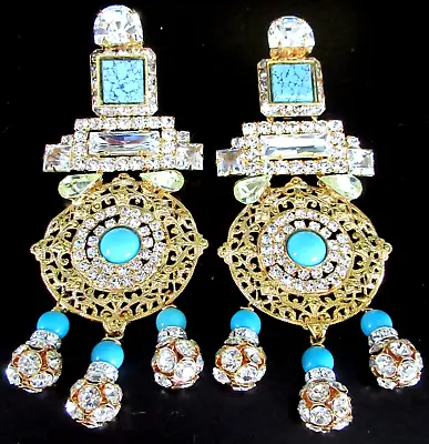 LAWRENCE VRBA 5  Turquoise Blue Bead & Rhinestone Vintage Clip Earrings • $399.99