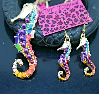 Betsey Johnson Rainbow Seahorse Gold Pendant Necklace Earring Set Free Gift Bags • $45.99