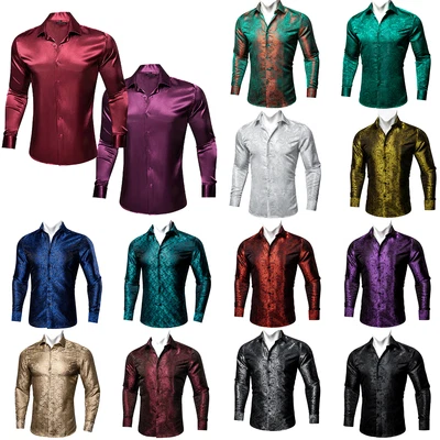 Solid Mens Silk Shirt UK Size Long Sleeve Casual Shirts Blue Red Fit Mens Tops • £19.99