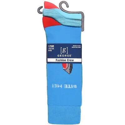 Mens George Fashion Crew Socks 3-Pair Pack Size 6-12 Shark Attack Week Blue • $21.60