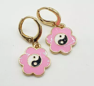 Pink Enamel Flower Black & White Yin Yang Hoops Huggies 90s Stories • £6.99