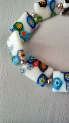 Blue & White Multicoloured Millefiori Square Glass Bead Stretch Bracelet • £3.85