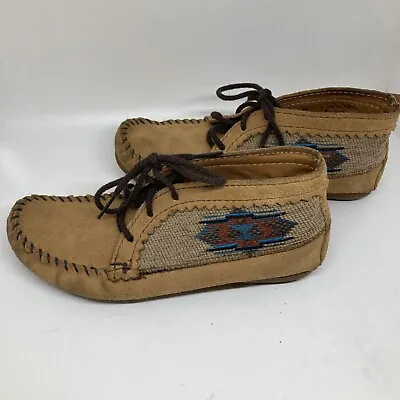 MINNETONKA 'El Paso' Brown Suede Southwestern Aztec Low Ankle Booties Size 5 • $18.41