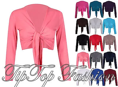 Womens Long Sleeves Ladies Stretch Bolero Cropped Cardigan Front Tie Shrug Top • £5.99