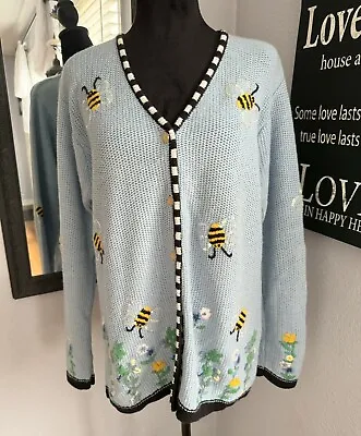 Women’s Quacker Factory Knit Bumblebee Spring Cardigan Baby Blue Sz Small • $25