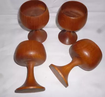 4 VINTAGE MID CENTURY TEAK WOODEN GOBLETS - 13cm High - Very Good Condition • $39.95