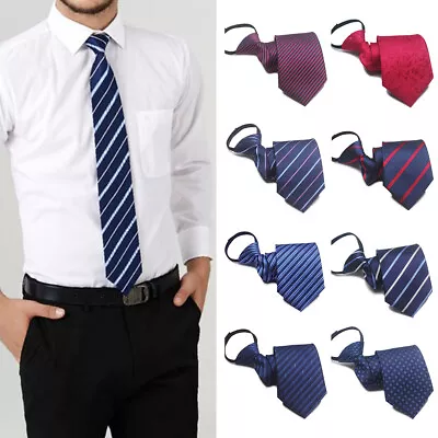 Men's Skinny Pre-Tied Zipper Lazy Striped Solid Tie Formal Wedding Party Necktie • $5.80