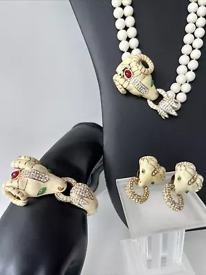 CINER Ram Necklace Bracelet Earrings Set White Enamel Gold Tone Crystal Cabochon • $669.99