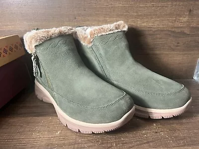 Skechers Easy Going Water Repellent Suede Faux Fur Boots Olive Women's 8.5 New • $36.85