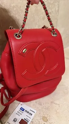 Chanel Backpack Lambskin Flap Drawstring Bag Red CC Logo • $3499