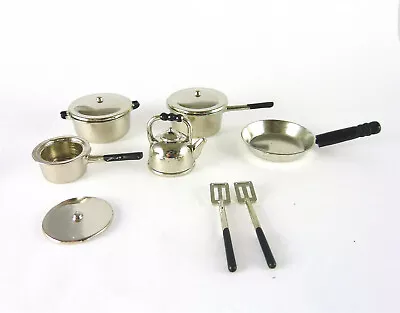 Dollhouse Miniature Metal 10 Pc Silver Tone Pots And Pans Set G6105 • $5.49