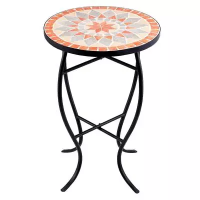 Mosaic Side Table Black Steel Frame Ceramic Round Tile Top Outdoor Golden Star • $54.88