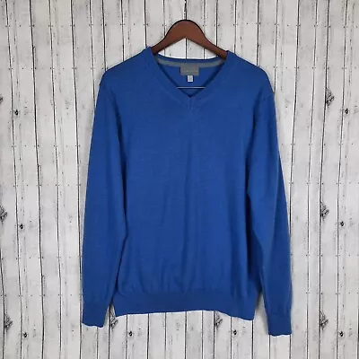 Thomas Dean Men's Sweater Size Large V Neck 100% Extrafine Merino Wool Blue • $19.95