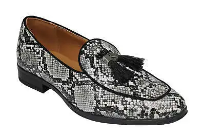 Mens Black White Snakeskin Print Effect PU Leather Tassel Loafers Slip On Shoes • £39.99