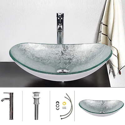 £75.90 • Buy Bathroom Sink Basin Countertop Oval Wash Bowl Tap+Waste Tempered Glass Silver