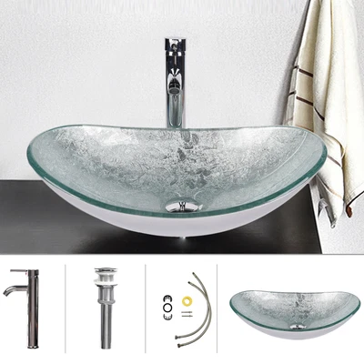 £68.90 • Buy Bathroom Sink Basin Countertop Oval Wash Bowl Tap+Waste Tempered Glass Silver