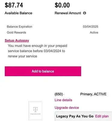 T-Mobile Prepaid Legacy Pay-as-You-Go Grandfathered Plan $10/Year! $87 Balance! • $300