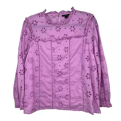 J Crew Ruffle Neck Top Womens Large Purple Embroidered Eyelet Floral Blouse • $29.99