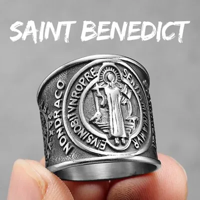 Saint Benedict Exorcism Amulet Cross Religious Mens Vintage Biker Fashion Ring • $12.99
