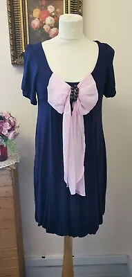 Max C London Womens Dress Blue Stratch Big Pink Bow Cotton Scoop Neckline Size S • £19.99