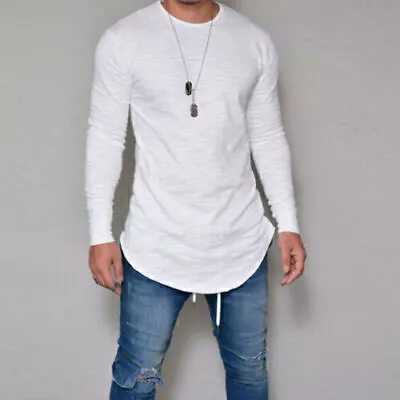 Mens Long Sleeve T-shirt Tunic Extra Long Shirts Loose Casual Plain Blouse UK • £13.99