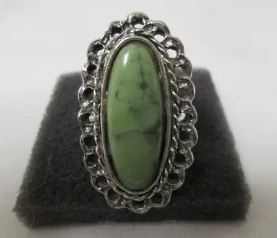 Vintage Silver Tone Green And Black Marbled Faux Stone Adjustable Ring • $11.99