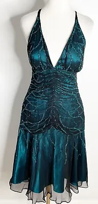Vtg 90's Scala Peacock Blue Black Silk Sequins Beaded Dress Prom Gatsby Large • $60