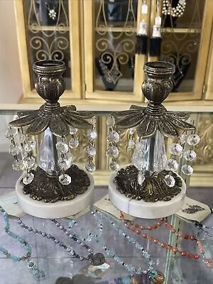 Vtg 7” Pair Brass Crystal Candle Stick Holders Marble Base Regency Art Deco MCM • $45