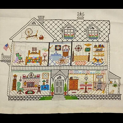 Victorian Doll House Finished Cross Stitch - 17x13 Vtg 1980s Country Primitive • $30.96