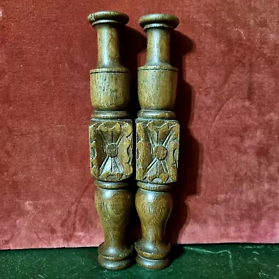 $89 • Buy 2 Rosette Wood Turned Spindle Column 10  - Antique French Architectural Salvage