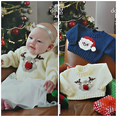 Xmas KNITTING PATTERN Baby Rudolph & Father Christmas Jumpers DK King Cole 3804 • £4.49