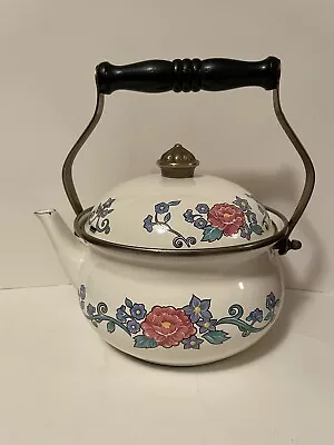 Vintage 1970's NORMANDY Enamel Metal Floral 8 Cup Teapot With Wood Handle • £21.23