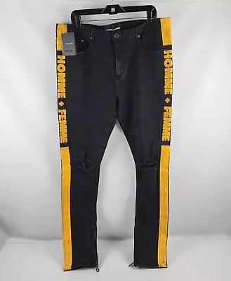 Homme + Femme Striped Logo Black Denim Yellow Stripe Jean 38 Hand Airbrushed NWT • $69.95