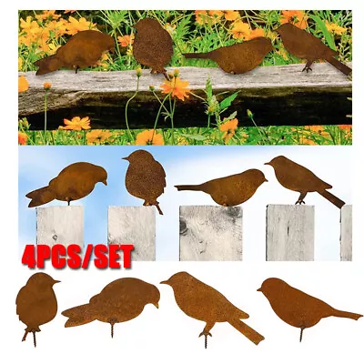 4X Rusty Metal Birds Ornament Simulation Bird Art Sculpture Garden Fence Decor • £7.18