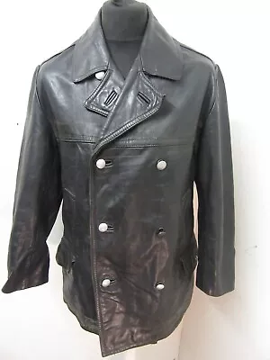 Vintage 70's Leather German Fireman Officers Pea Trench Coat Jacket Size Uk M • £79